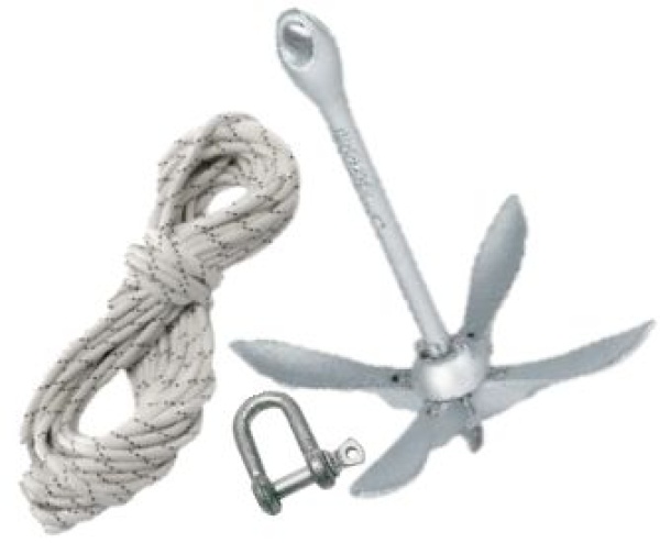 3 - 4 Meter 4 kg Klappanker mit 30 Meter 8 mm Ankerleine und Schäkel