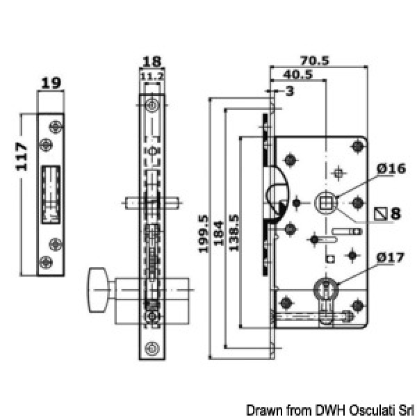Yale-Schlüssel außen 16/38mm vorspring. Schnapper