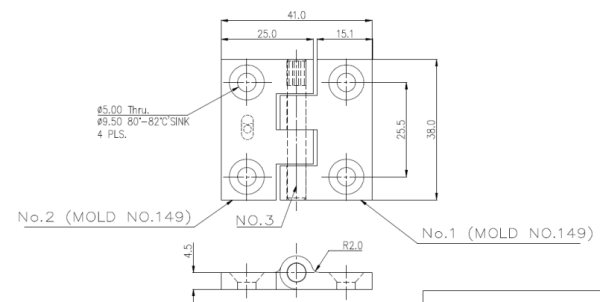 Scharnier, herausragender 5mm AISI316 38x38 mm