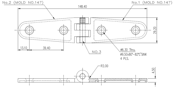 Scharnier, lang VA-Stahl hochglanzpoliert 152x29mm