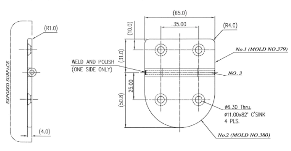 Scharnier B 95° AISI316 83x65 mm