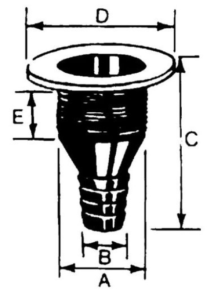Kunststoff Borddurchlass, 1", Abm. A=32mm, B=25mm, C=94mm, D=62mm, E=45mm, Weiß