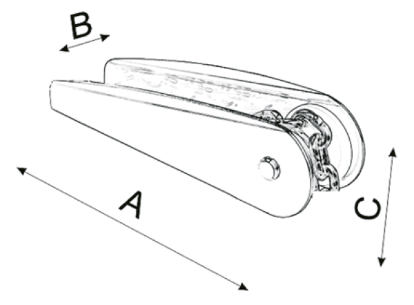 NIRO Ankerbugrolle, A=250mm, B=50mm, C=65mm (festes Modell bis 7,5 kg)